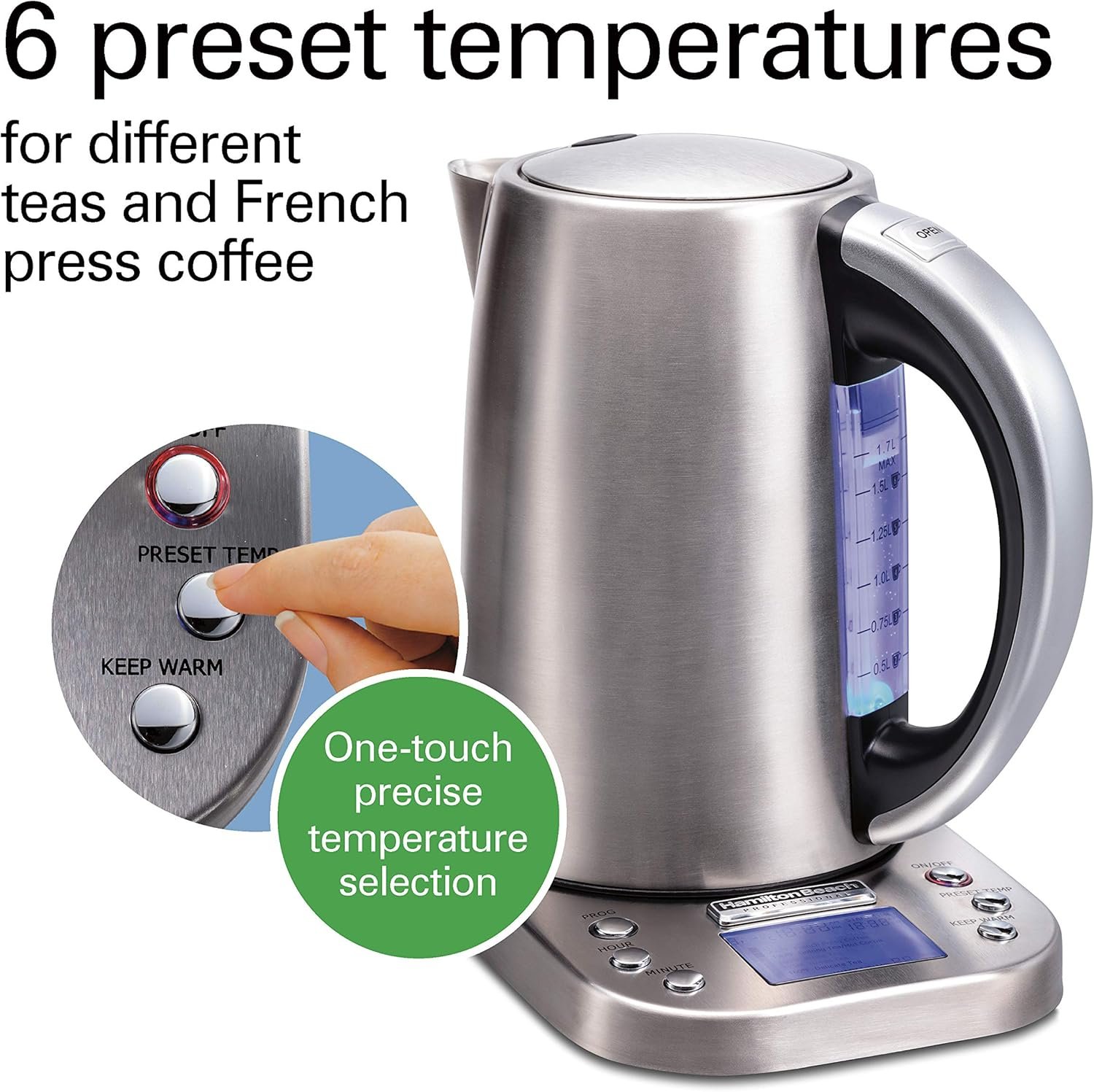Hamilton Beach Professional Digital LCD Temperature Control Electric Tea Kettle, Water Boiler & Heater, 1.7 Liter, Fast Boiling 1500 Watts, Cordless, Auto-Shutoff & Boil-Dry Protection, Silver (41028) - Image 3