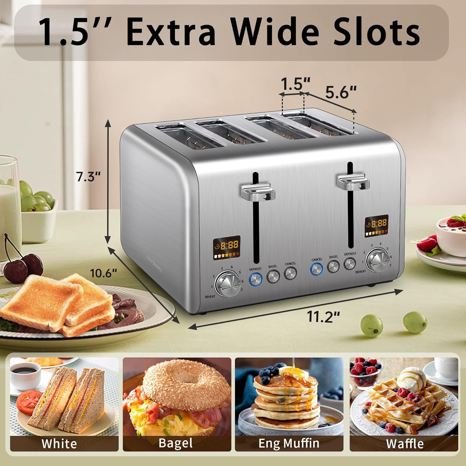 SEEDEEM 4 Slice Stainless Toaster - Color LCD Display, 7 Shade Settings, 1.5'' Wide Slots with Bagel/Defrost/Reheat Functions, Removable Crumb Tray, Silver Metallic, 1800W - Image 2