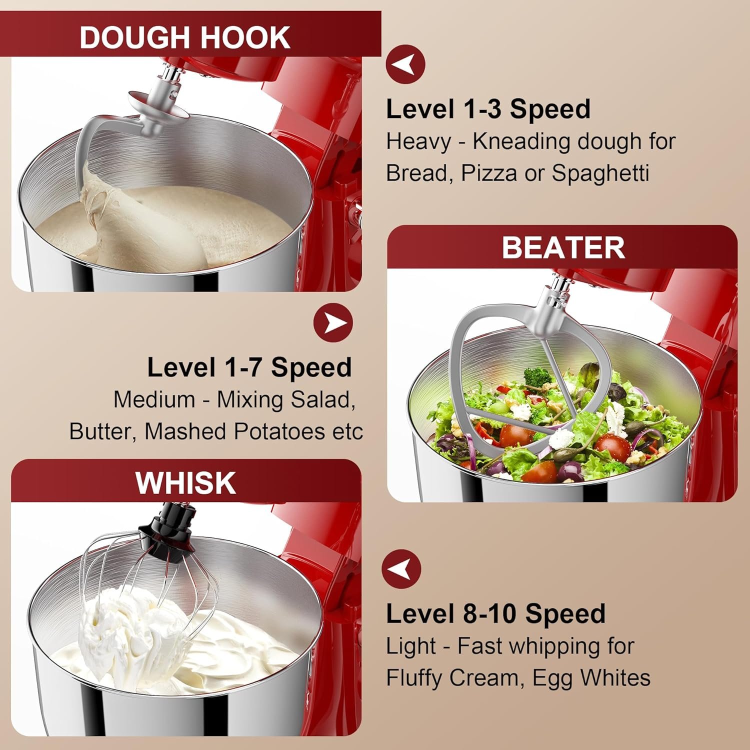 10-Speed Stand Mixer with 8-in-1 Splash Guard, Tilt-Head, 6QT Stainless Steel Bowl + Dishwasher-Safe Dough Hook/Whisk/Beater/Spatula for Baking Bread, Cakes, Cookies, Red - Image 4