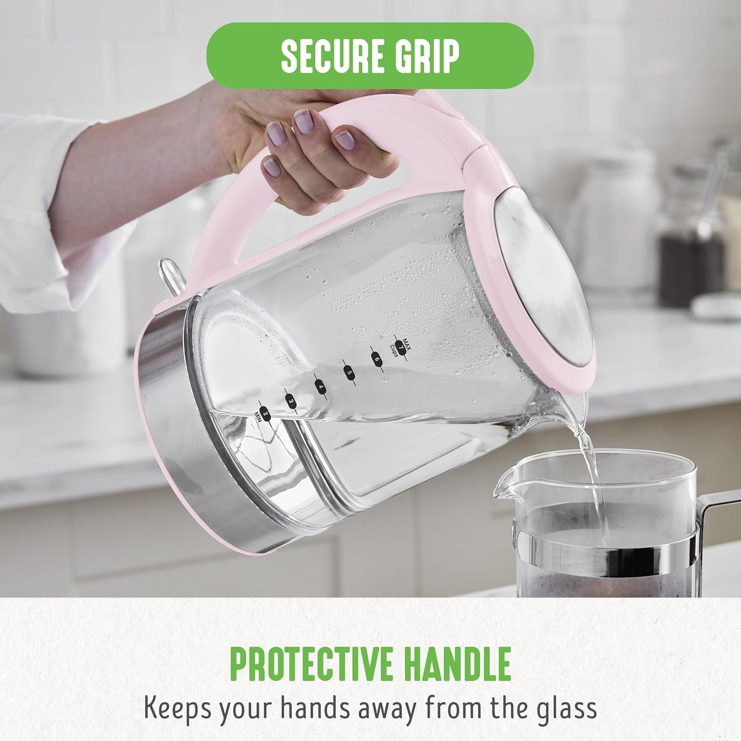 GreenLife 1.7 Liter Glass Electric Kettle, Easy One Touch Use, Quick Heating, Filtered Spout, LED Base, Auto Shut-Off, Cordless Serving, Coffee and Tea, Pink - Image 7