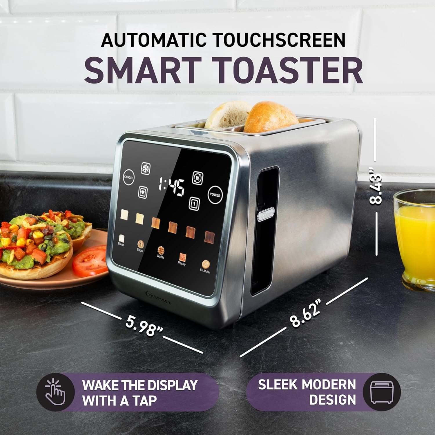 Inspirex Touch Screen Toaster - 2 Slice Extra-Wide Slots - 5 Bread Type and 6 Browning Levels - Defrost, Reheat, Favorite, Single Slot Settings - Stainless Steel - Image 2