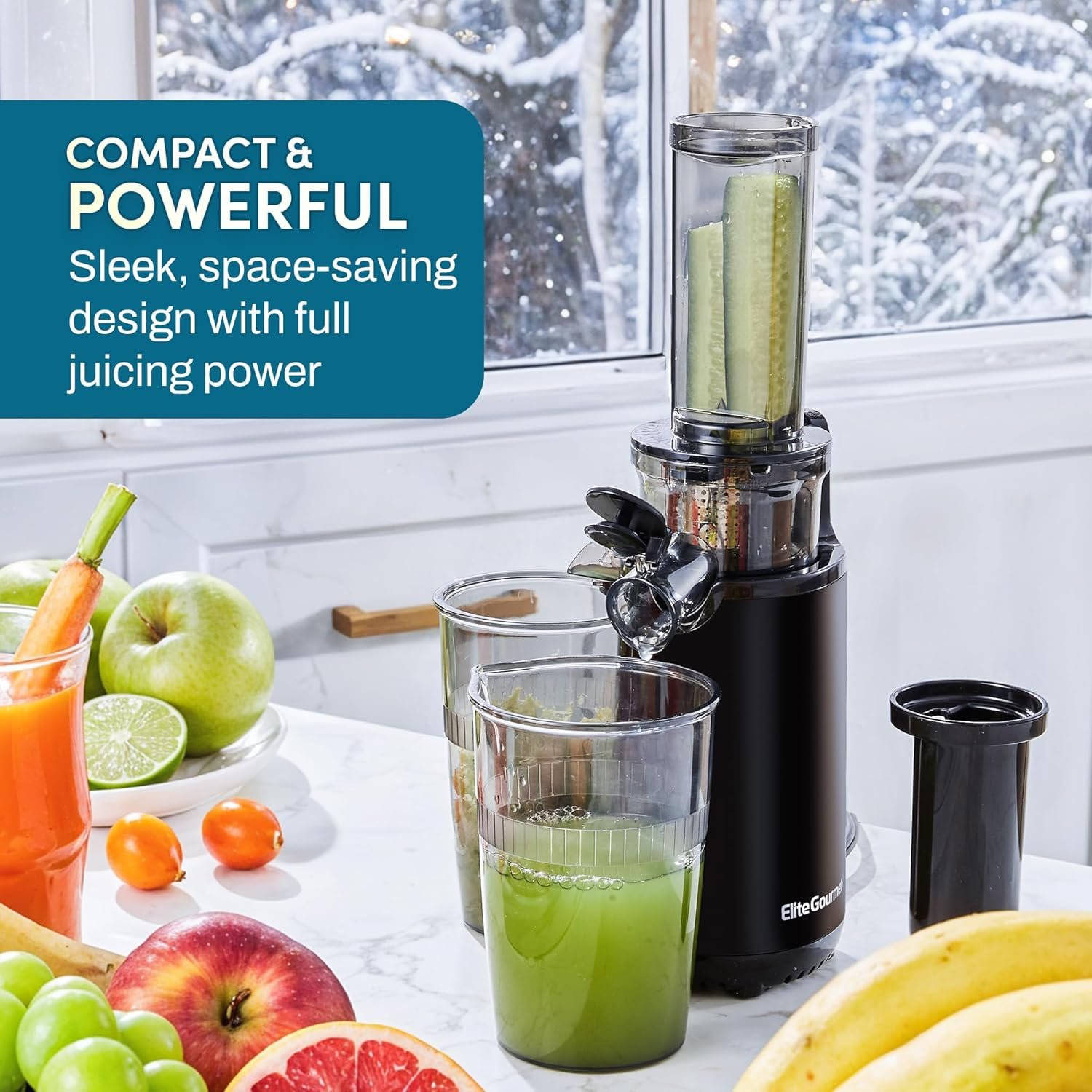 Elite Gourmet EJX600 Compact Small Space-Saving Masticating Slow Juicer Cold Press Juice Extractor, Nutrient and Vitamin Dense, BPA-Free Tritan, Easy to Clean, 16 oz Juice Cup, Charcoal Grey - Image 2
