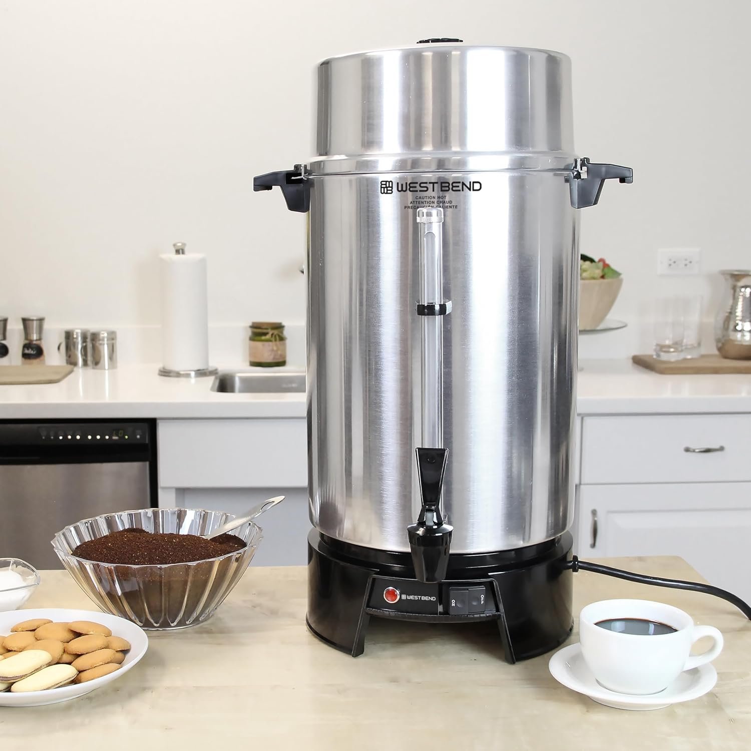 West Bend 33600 Coffee Urn Commercial Highly-Polished Aluminum NSF Approved Features Automatic Temperature Control Large Capacity with Fast Brewing and Easy Clean Up, 100-Cup, Silver - Image 2