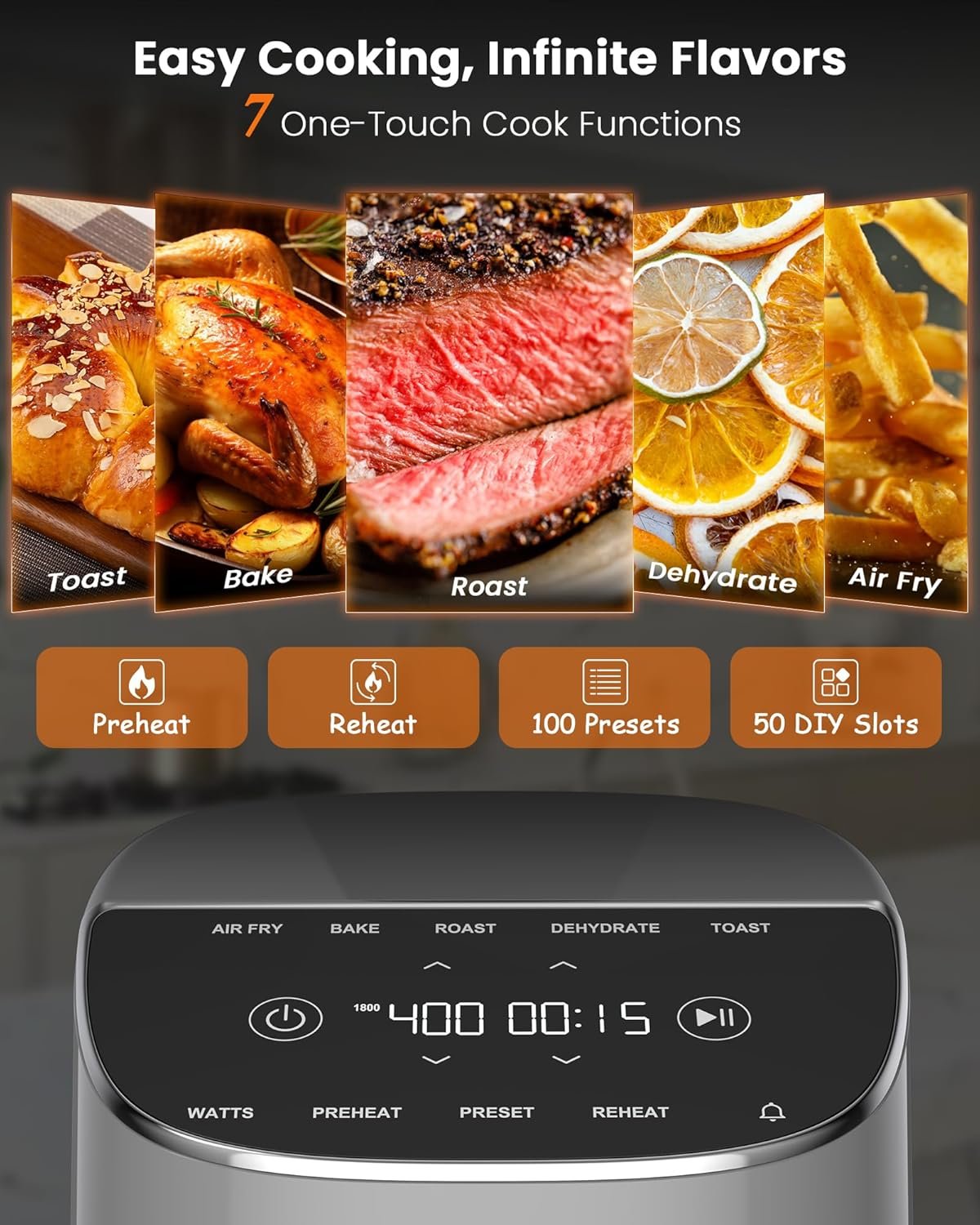 Nuwave Brio Plus Air Fryer 8 Qt, New & Improved, PFAS-FREE, 7 Digital One-Touch Cook Functions that AIR FRY, BAKE, ROAST, DEHYDRATE, TOAST, REHEAT, PREHEAT, 150 Presets, 50°F~400°F (Cool Gray) - Image 2