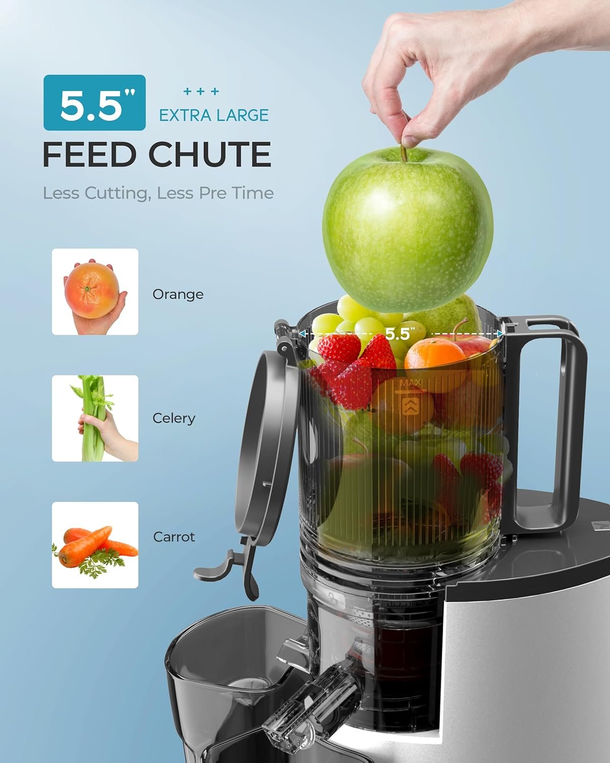 Cold Press Juicer, EUHOMY 5.5" Extra Large Feed Chute Slow Masticating Juicer, 250W Juicer Machines, 99.6% High Juice Yield, Easy to clean, Reverse Function, for Whole Vegetables & Fruits. Sliver - Image 2
