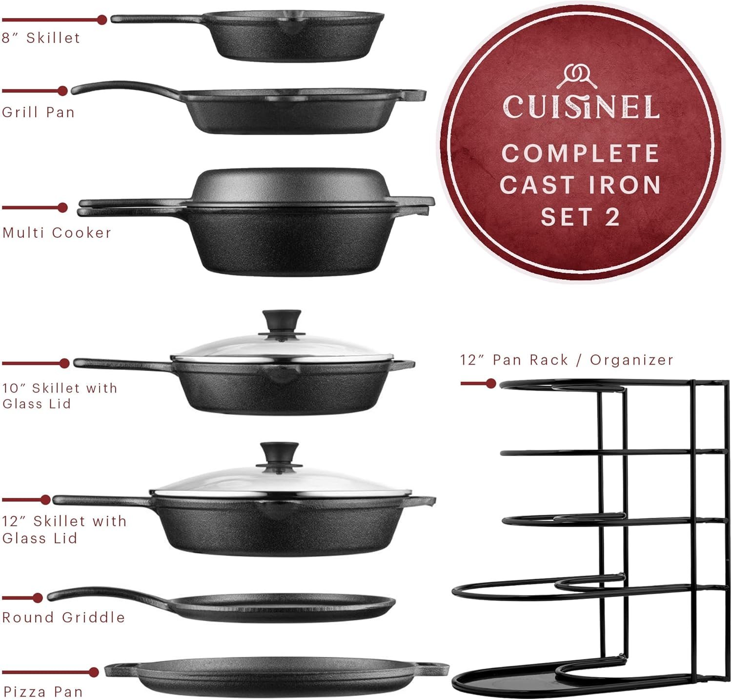 Cuisinel Cast Iron Cookware Set - Complete Pre-Seasoned Kit - 8" Skillet + 10"+12" Skillets with Glass Lid + Grill Pan + Multi-Cooker/Dutch Oven + Flat Griddle + Pizza Pan + Pan Rack Organizer - 2024 - Image 2