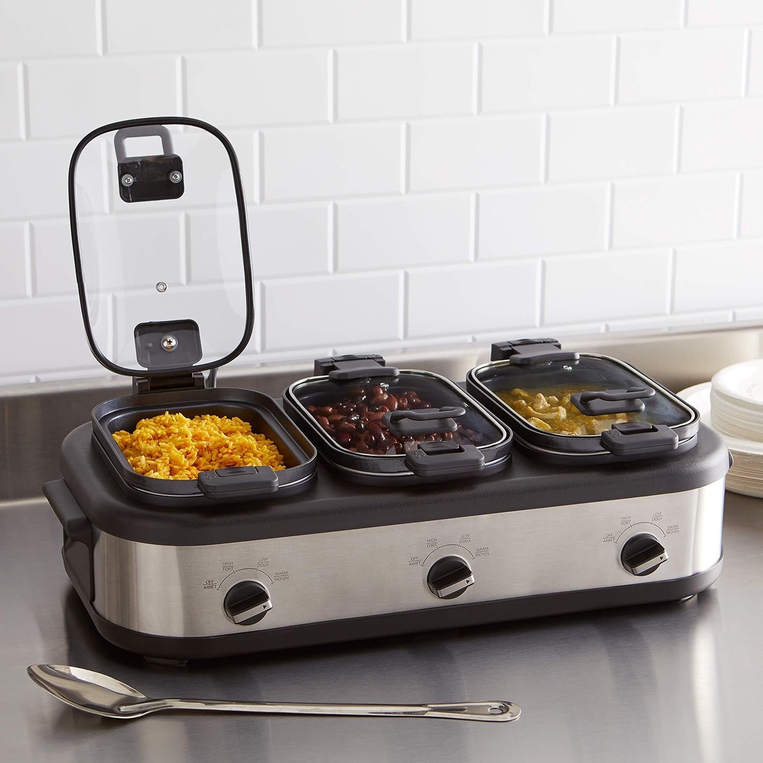 Amazon Basics Stainless Steel 3 x 2.5 Quarts Triple Slow Cooker, Brushed Stainless Steel (Previously AmazonCommercial brand) - Image 5