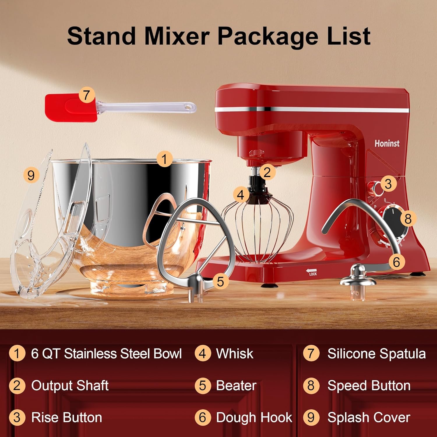 10-Speed Stand Mixer with 8-in-1 Splash Guard, Tilt-Head, 6QT Stainless Steel Bowl + Dishwasher-Safe Dough Hook/Whisk/Beater/Spatula for Baking Bread, Cakes, Cookies, Red - Image 2