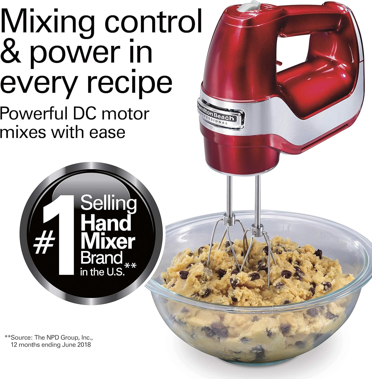 Hamilton Beach Professional 5-Speed Electric Hand Mixer with High-Performance DC Motor, Slow Start, Snap-On Storage Case, Stainless Steel Beaters, Dough Hooks & Whisk, Red and Chrome (62653) - Image 2