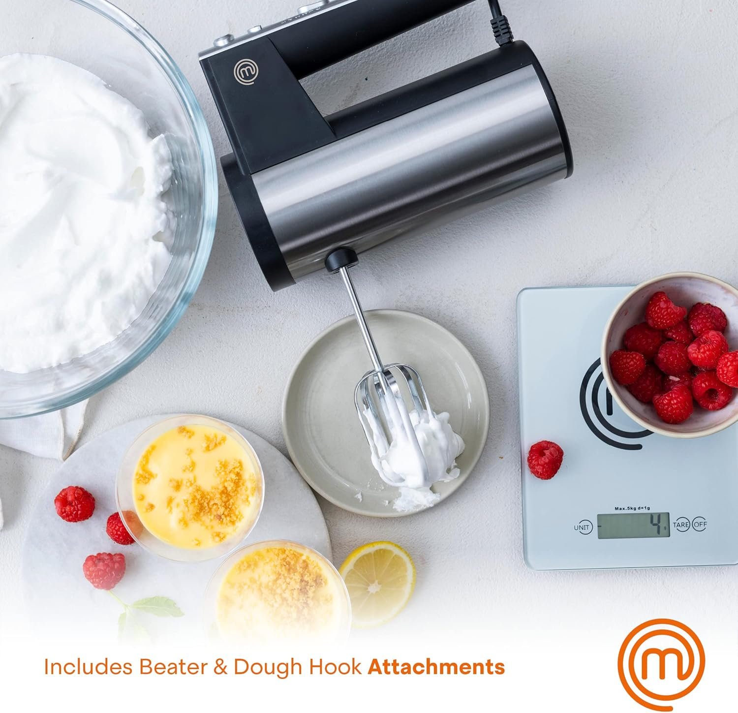 MasterChef Hand Mixer Electric, Handheld Egg Beater with Whisk Attachments and Dough Hooks, Stainless Steel Cake Accessories for Baking, Whipping Machine with Dishwasher Safe Parts, 6 Speed Settings - Image 4