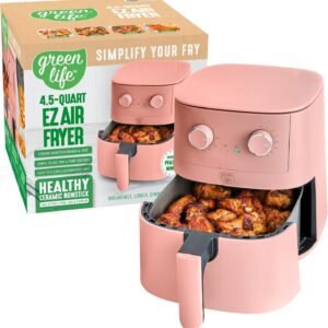 GreenLife 4.5QT Mechanical Air Fryer, PFAS-Free Ceramic Nonstick Crisper Drawer, Adjustable Temperature Timer Dial, LED Indicator, Holiday Gifting, Dishwasher Safe, Kitchen Essential, Dusty Pink