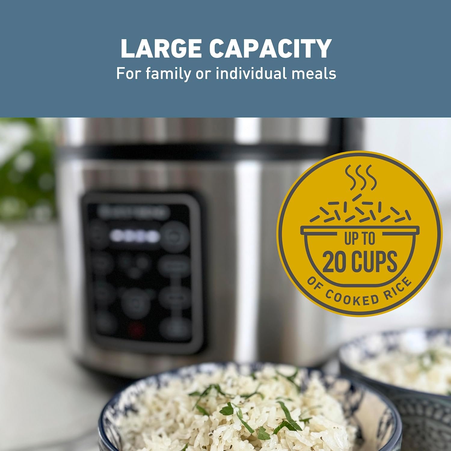 West Bend Rice & Grain Multi Cooker Programmable with 9 Preset Functions, Features Delay Start and Keep Warm Functions and Steam Basket, 20 Cups Cooked, Stainless Steel - Image 4