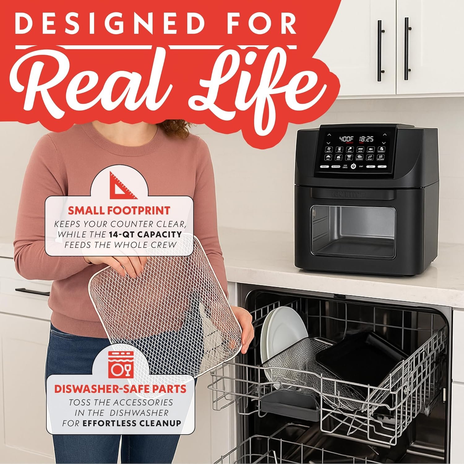 Gourmia Air Fryer Toaster Oven Combo - All-in-One 14-Quart Digital Air Fryer Toaster Oven with Rotisserie & Dehydrator – 12 Presets, Guided Cooking Prompts, 1750W, Dishwasher-Safe Accessories - Image 7