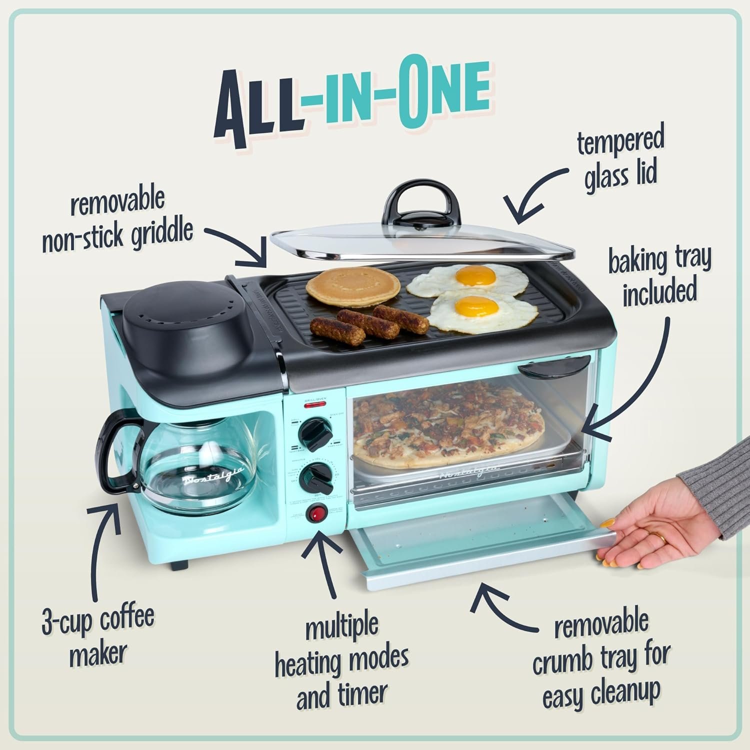Nostalgia 3-in-1 Breakfast Station - Includes Coffee Maker, Non-Stick Griddle, and 4-Slice Toaster Oven - Versatile Breakfast Maker with Timer - Aqua - Image 4
