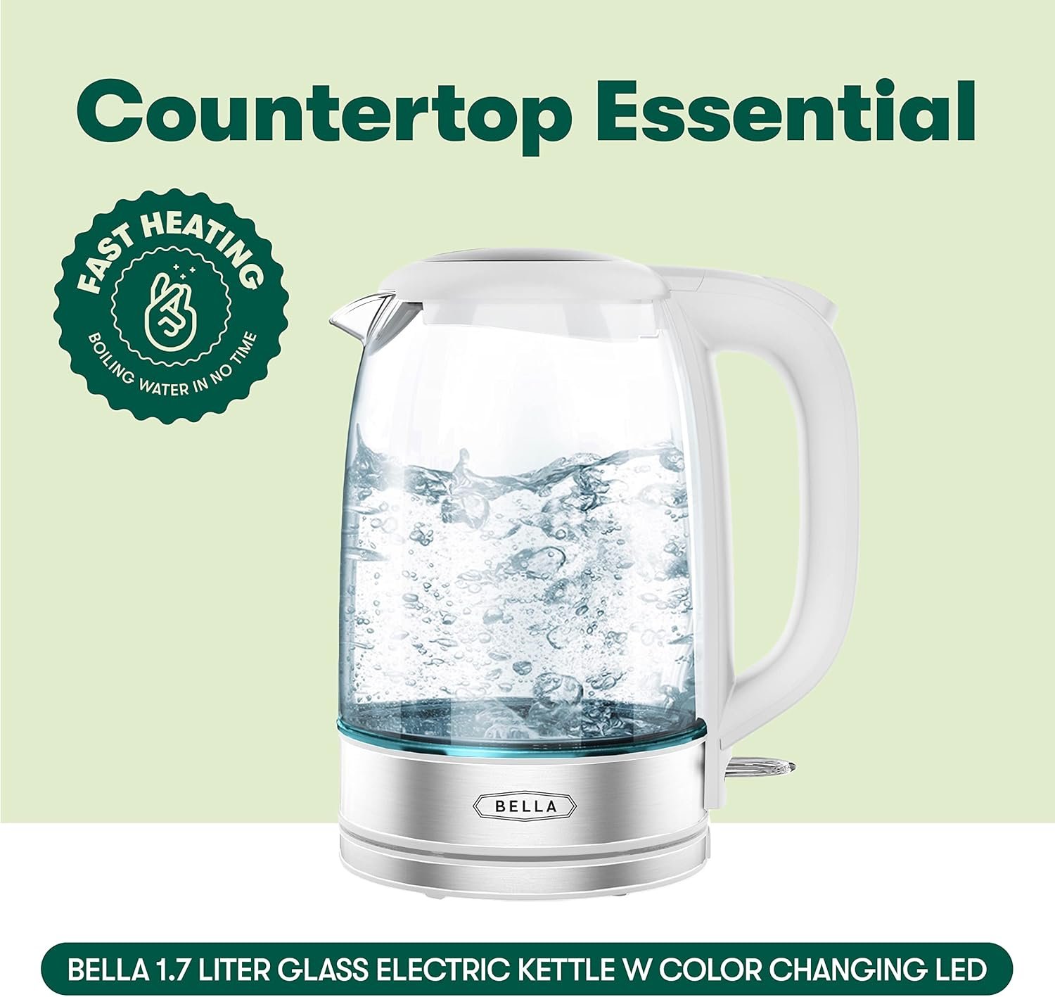 bella Electric Kettle and Water Boiler, 1.7L - Cordless Clear Glass LED Color Changing Portable Tea Pot with Auto Shut Off & Boil Dry Protection, White - Image 2