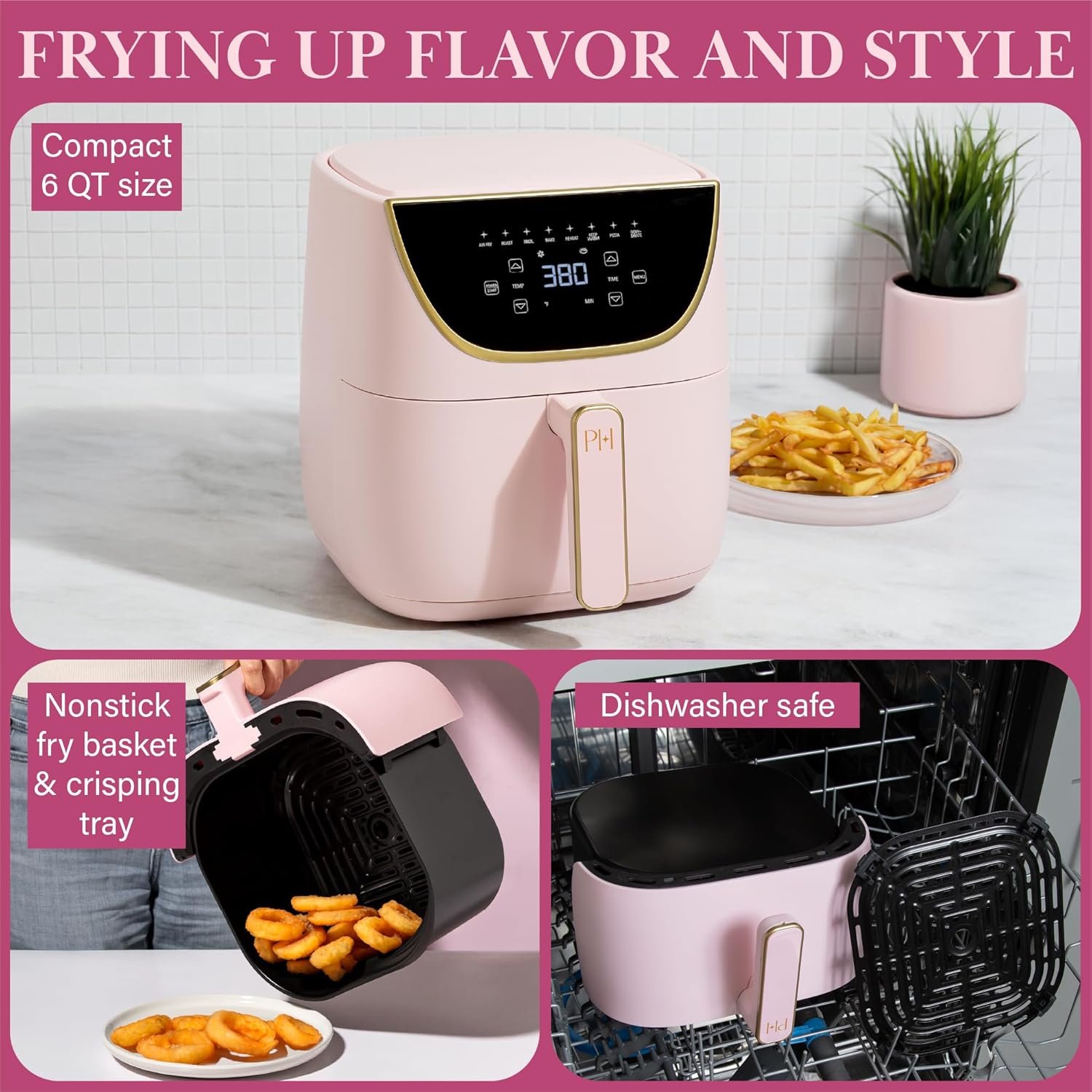 Paris Hilton Air Fryer, Large 6-Quart Capacity, Nonstick Made without PFAS, Touchscreen Display, 8-in-1 (Air Fry, Roast, Broil, Bake, Reheat, Keep Warm, Pizza, Dehydrate), Dishwasher Safe, Pink - Image 4