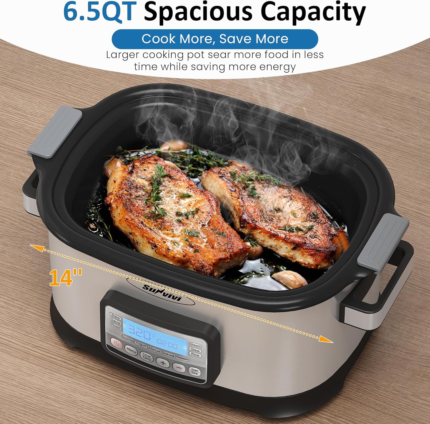 11-in-1 Multicooker, 6.5QT Slow Cooker Roaster Oven, Digital Programmable Multi Functional Pot with Timer, Temp Control, Delay Start, Glass Lid, Removable Nonstick Pot & Roast/Steam Rack - Image 7