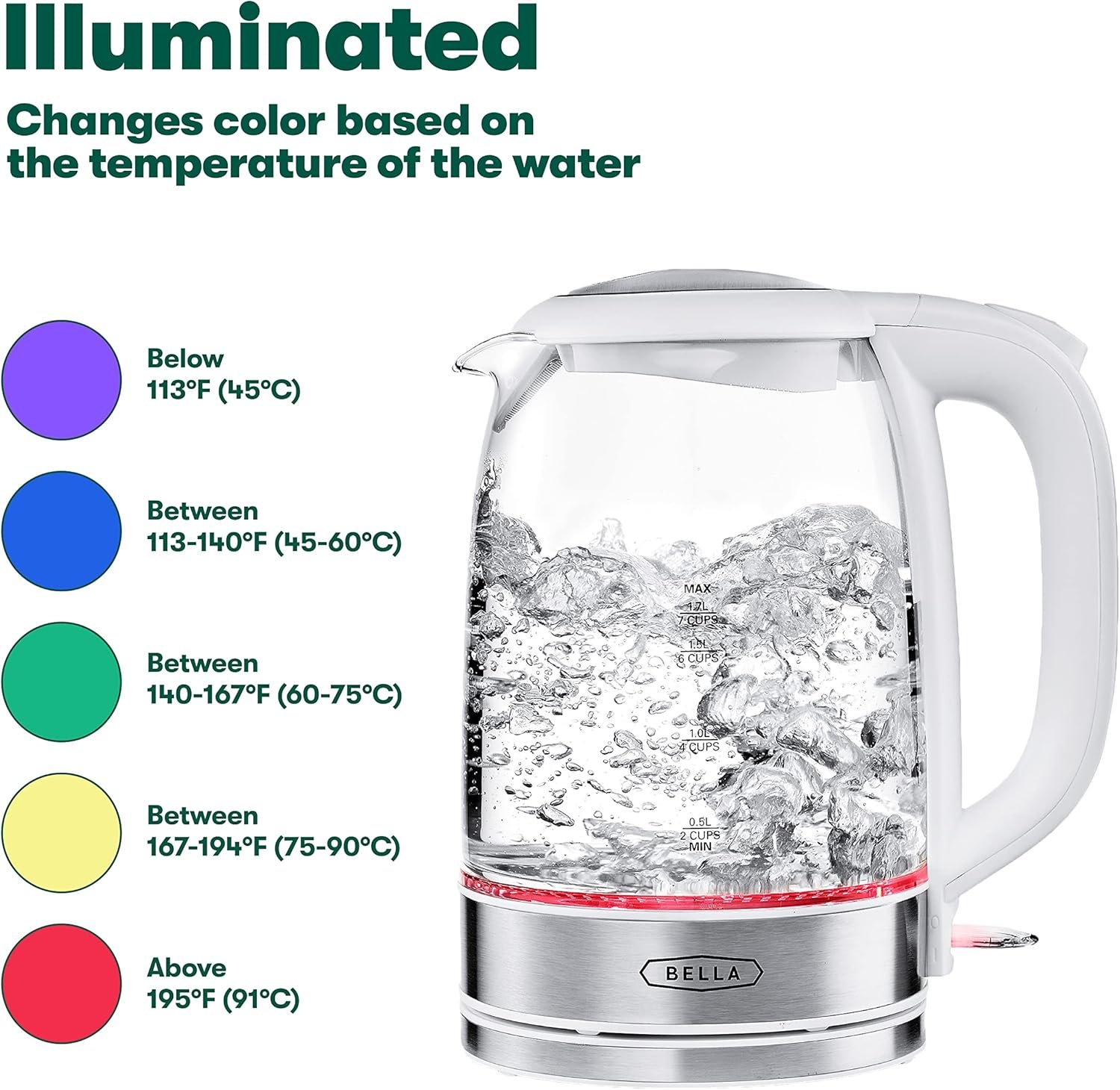 bella Electric Kettle and Water Boiler, 1.7L - Cordless Clear Glass LED Color Changing Portable Tea Pot with Auto Shut Off & Boil Dry Protection, White - Image 6
