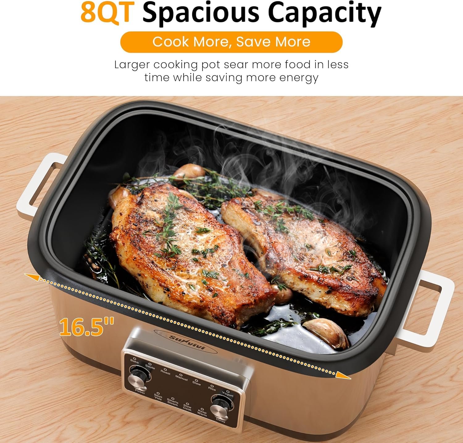 12 in 1 Programmable 8 Quart Slow Cooker, Multi-Cooker Food Warmer with Digital Timer, Temp Control, Removable Cast Aluminum Pot & Dishwasher-Safe Tempered Glass Lid, Stainless Steel - Image 4