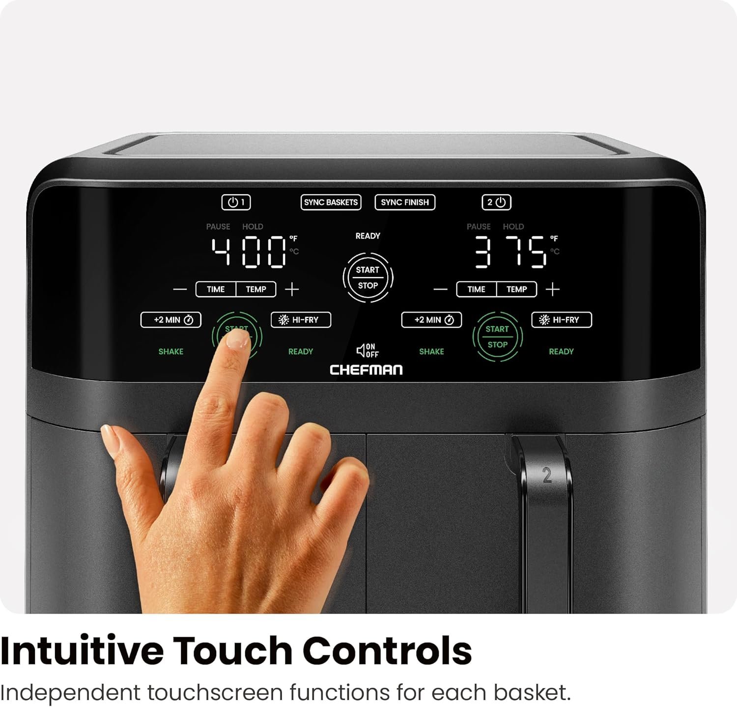 Chefman 6 Quart Dual Basket Air Fryer - Digital Touchscreen, Smart Sync Finish, Hi-Fry, Auto Shutoff, 2 Independent 3QT Nonstick Dishwasher-Safe Frying Baskets - Digital Double Air Fryer - Black - Image 7