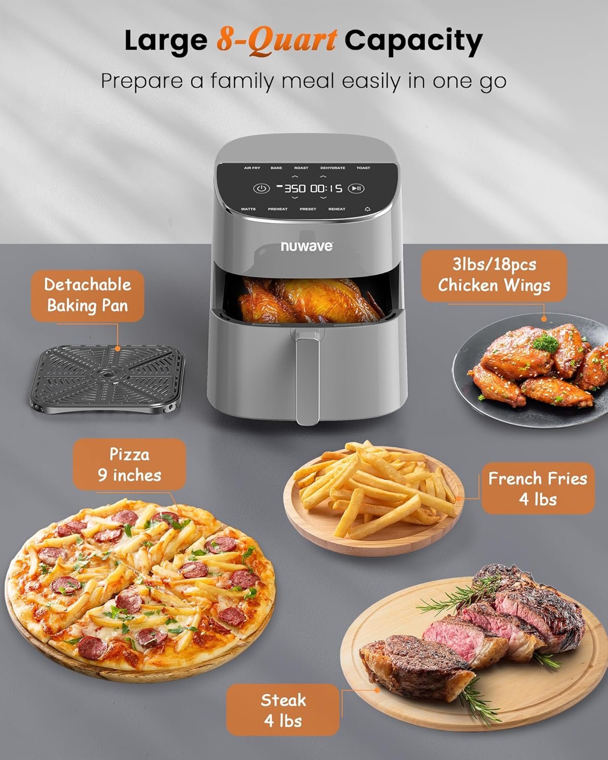 Nuwave Brio Plus Air Fryer 8 Qt, New & Improved, PFAS-FREE, 7 Digital One-Touch Cook Functions that AIR FRY, BAKE, ROAST, DEHYDRATE, TOAST, REHEAT, PREHEAT, 150 Presets, 50°F~400°F (Cool Gray) - Image 6
