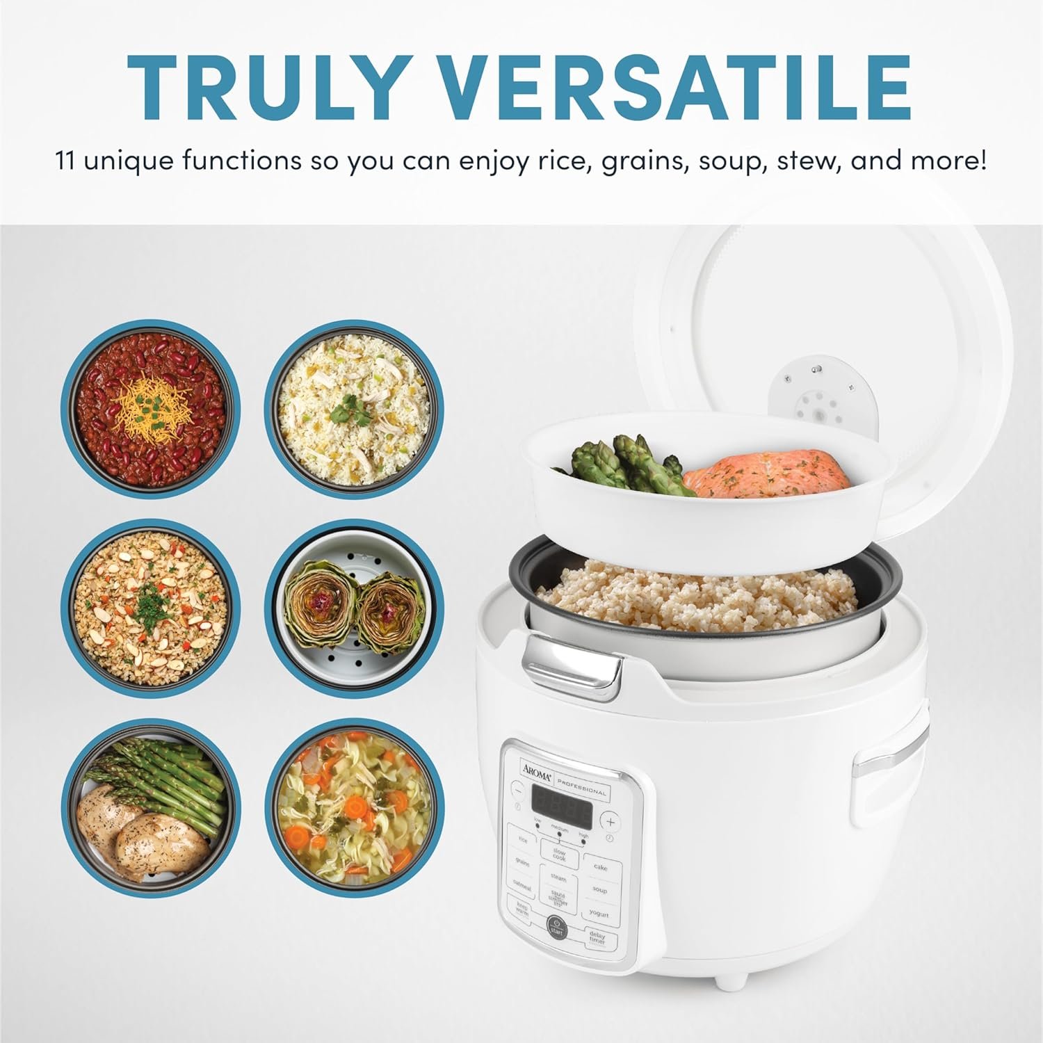 AROMA® Professional Digital Rice Cooker, 10-Cup (Uncooked) / 20-Cup (Cooked), Slow Cooker, Multicooker, Steamer, Oatmeal Cooker, Auto Keep Warm, Sauté-then-Simmer®, 4 Qt, White, ARC-1230W - Image 2