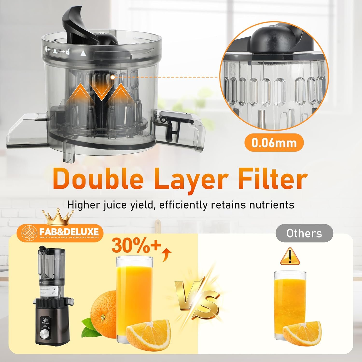 FAB&DELUXE Cold Press Juicer - 34oz Juicer Machines with 4.3" Wide Feed Chute, Slow Masticating Juicer for Fruits and Vegetables, 99% High Juice Yield, Reverse Function, Dishwasher Safe - Image 7