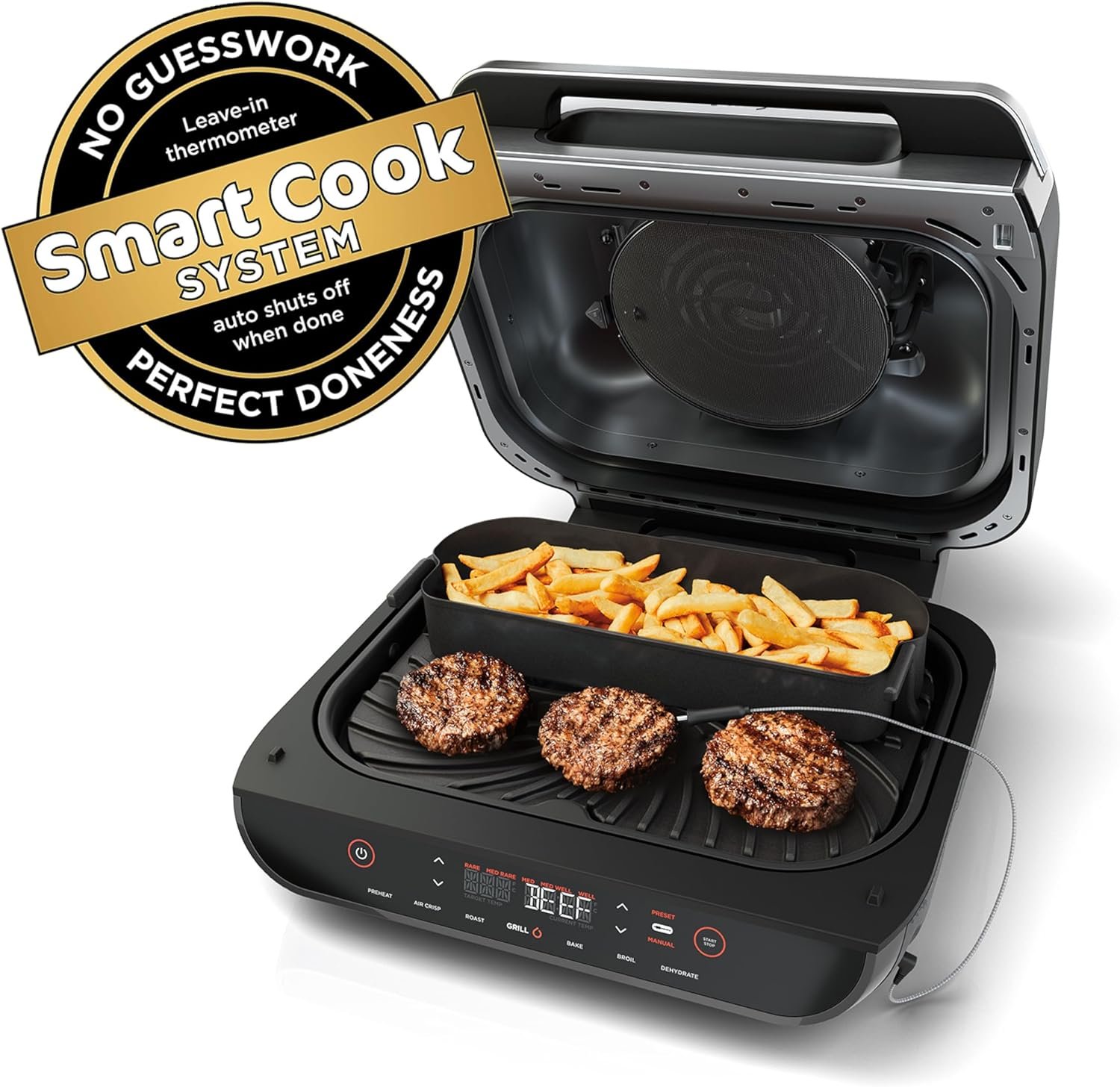 Ninja Indoor Grill, Foodi Smart XL 6-in-1 Indoor Grill with Air Fry, Roast, Bake, Broil & Dehydrate, Smart Thermometer, Black/Silver, FG551 - Image 3