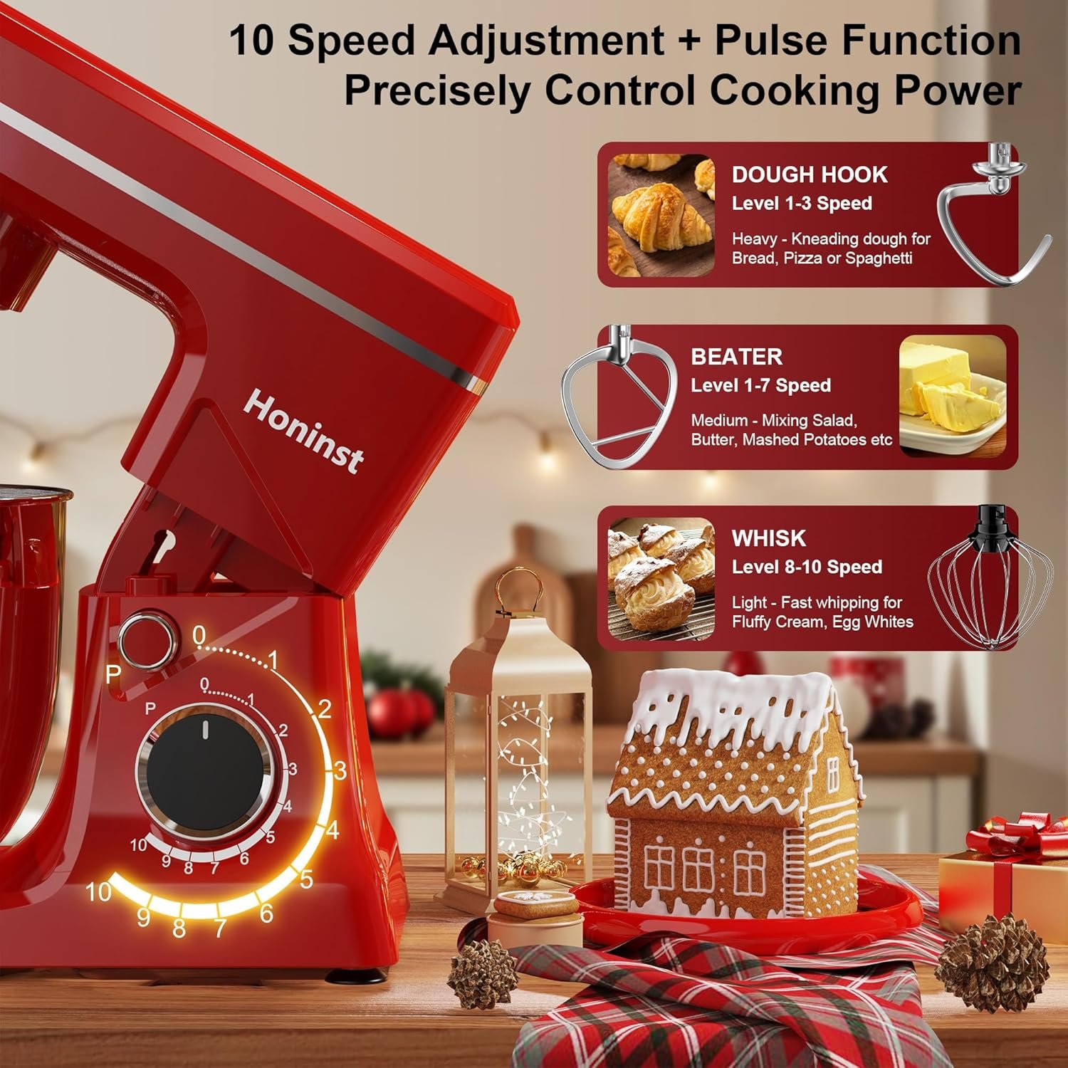 10-Speed Stand Mixer with 8-in-1 Splash Guard, Tilt-Head, 6QT Stainless Steel Bowl + Dishwasher-Safe Dough Hook/Whisk/Beater/Spatula for Baking Bread, Cakes, Cookies, Red - Image 3