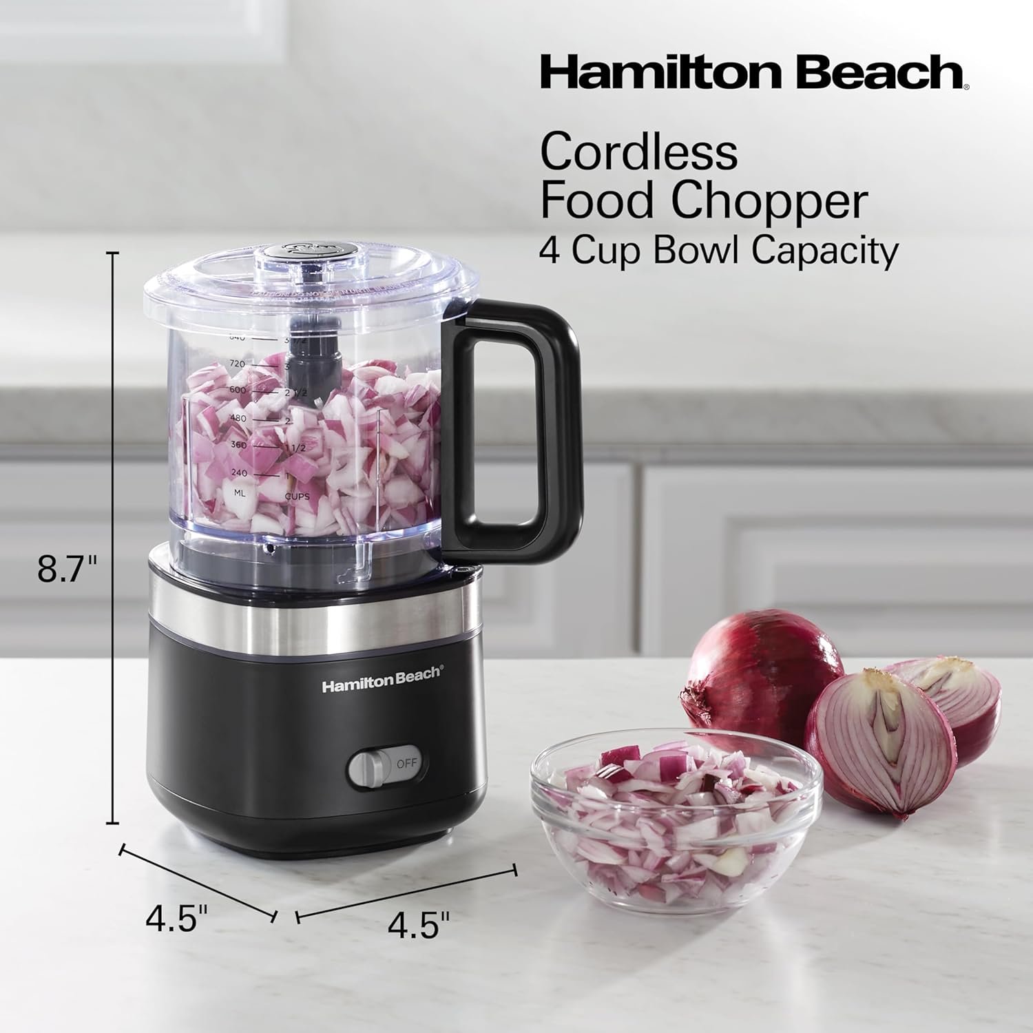 Hamilton Beach Powerful Cordless Mini Food Processor and Vegetable Chopper, 4 Cup Capacity, Fast Recharging, Includes Power Adapter, Chop, Puree, Emulsify, Grind, Dishwasher Safe Bowl, Black (72880) - Image 8