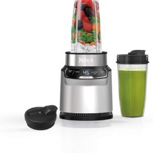 Ninja BN401 Nutri Pro Compact Personal Blender, Auto-iQ Technology, 1100-Peak-Watts, for Frozen Drinks, Smoothies, Sauces & More, with (2) 24-oz. To-Go Cups & Spout Lids, Cloud Silver