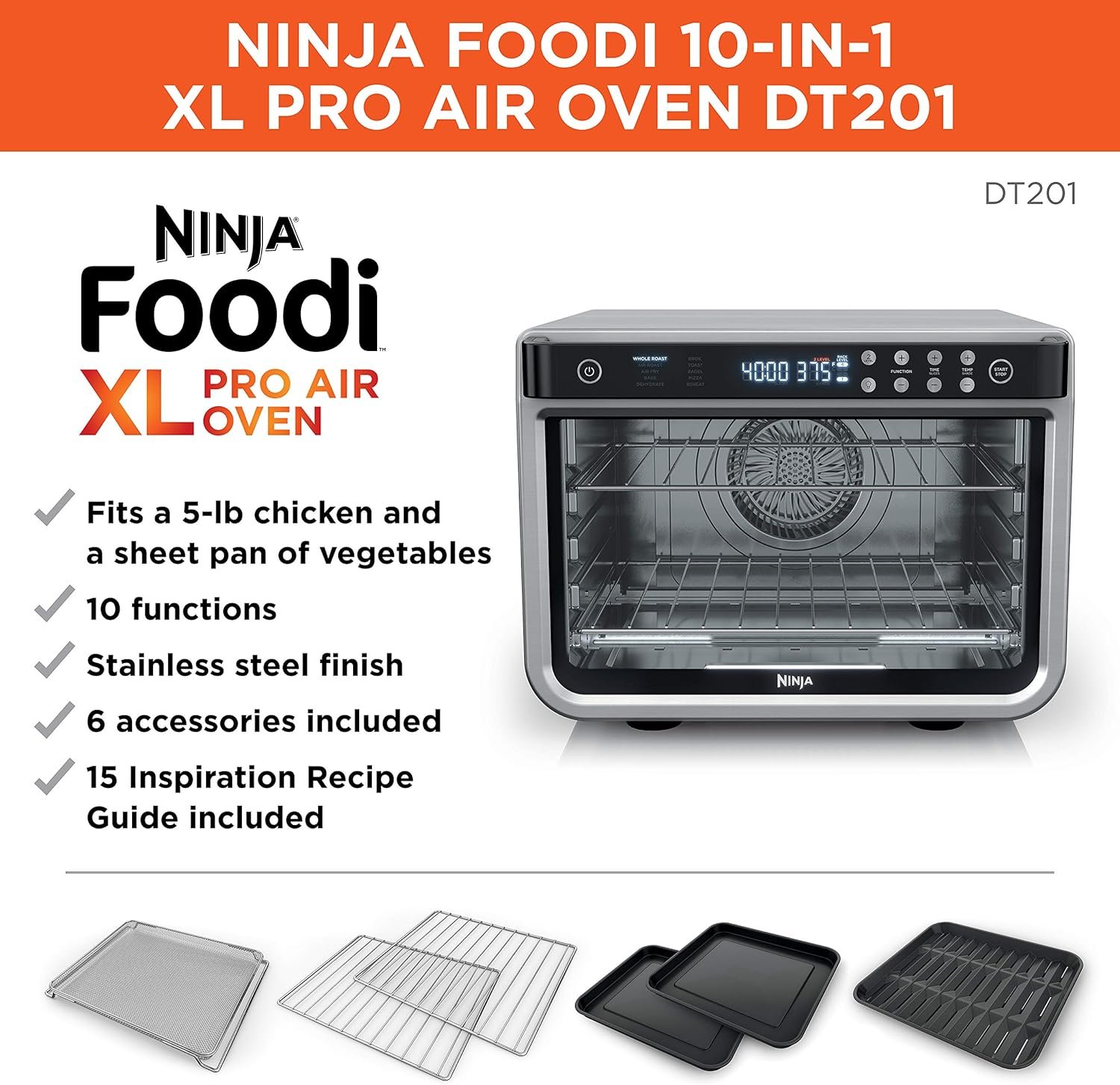 Ninja Air Fryer & Toaster Oven | Foodi Series, XL Pro Air Oven Kitchen Countertop Convection | 10-in-1 Functions | Fits a 5-lb Chicken & Sheet Pan of Vegetables | 1800 Watts | Stainless Steel | DT201 - Image 2
