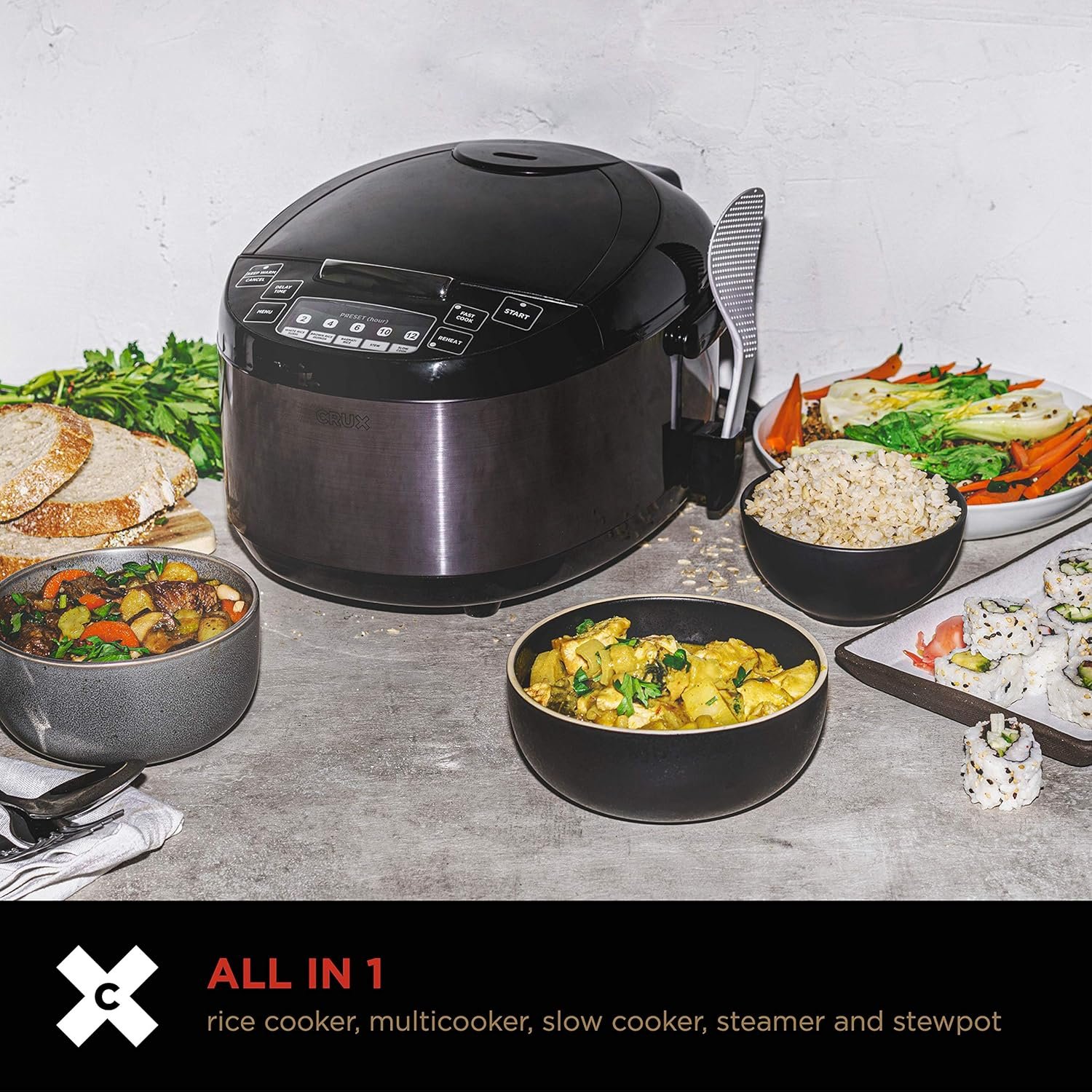 Crux 12 Cup Non-Induction Rice Cooker, Multi-Cooker, Food Steamer, Slow Cooker, Stewpot, Easy One-Pot Healthy Meals, Dishwater Safe, Non-Stick Bowl, Black, one size - Image 2