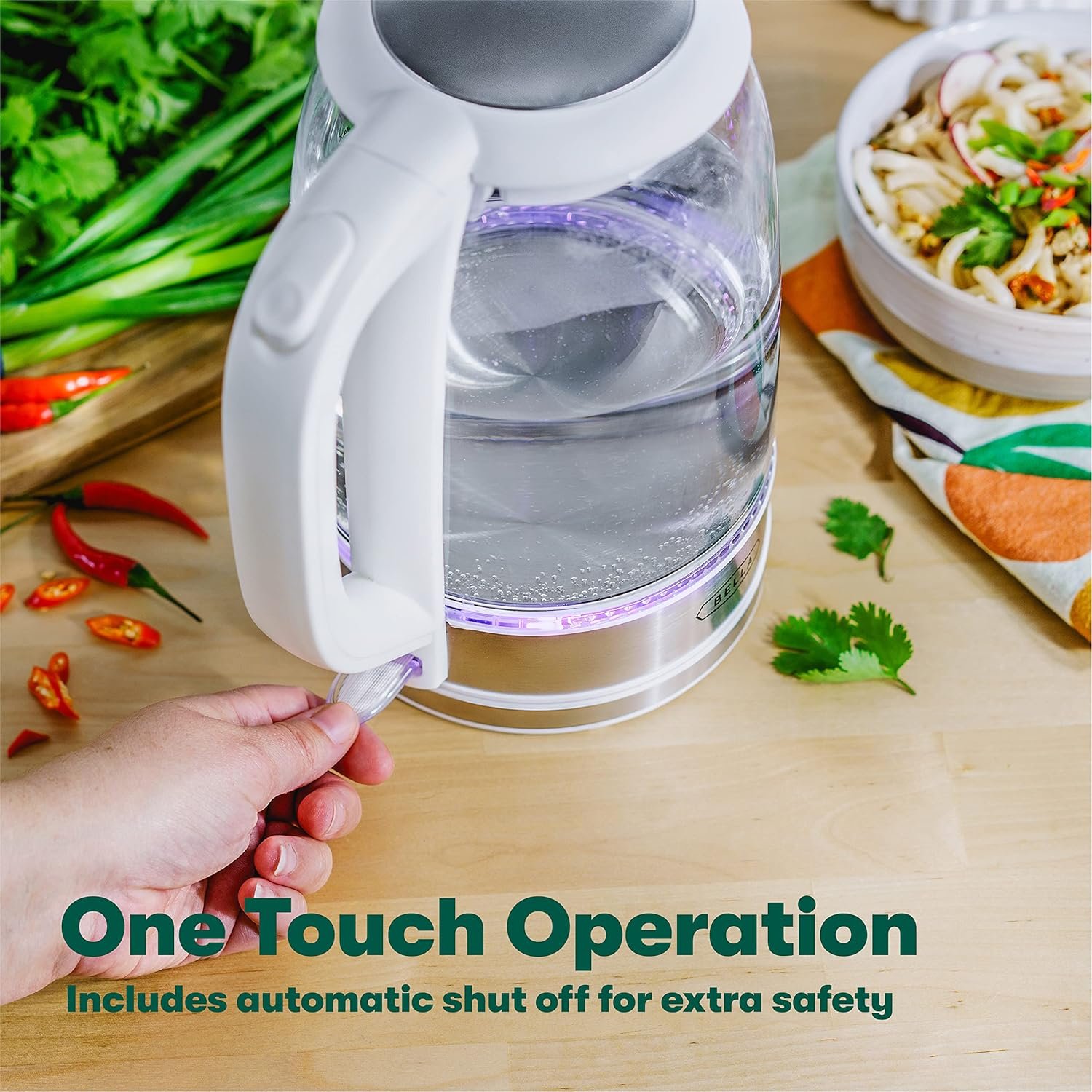 bella Electric Kettle and Water Boiler, 1.7L - Cordless Clear Glass LED Color Changing Portable Tea Pot with Auto Shut Off & Boil Dry Protection, White - Image 5