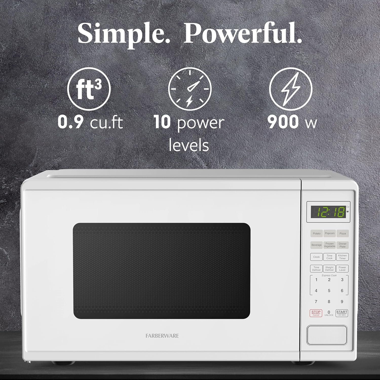 Farberware 0.9 Cu. Ft. 900-Watt Oven Auto, Defrost, & Express Cooking – Compact Countertop Microwave with Digital Display & Safety Lock, White - Image 2