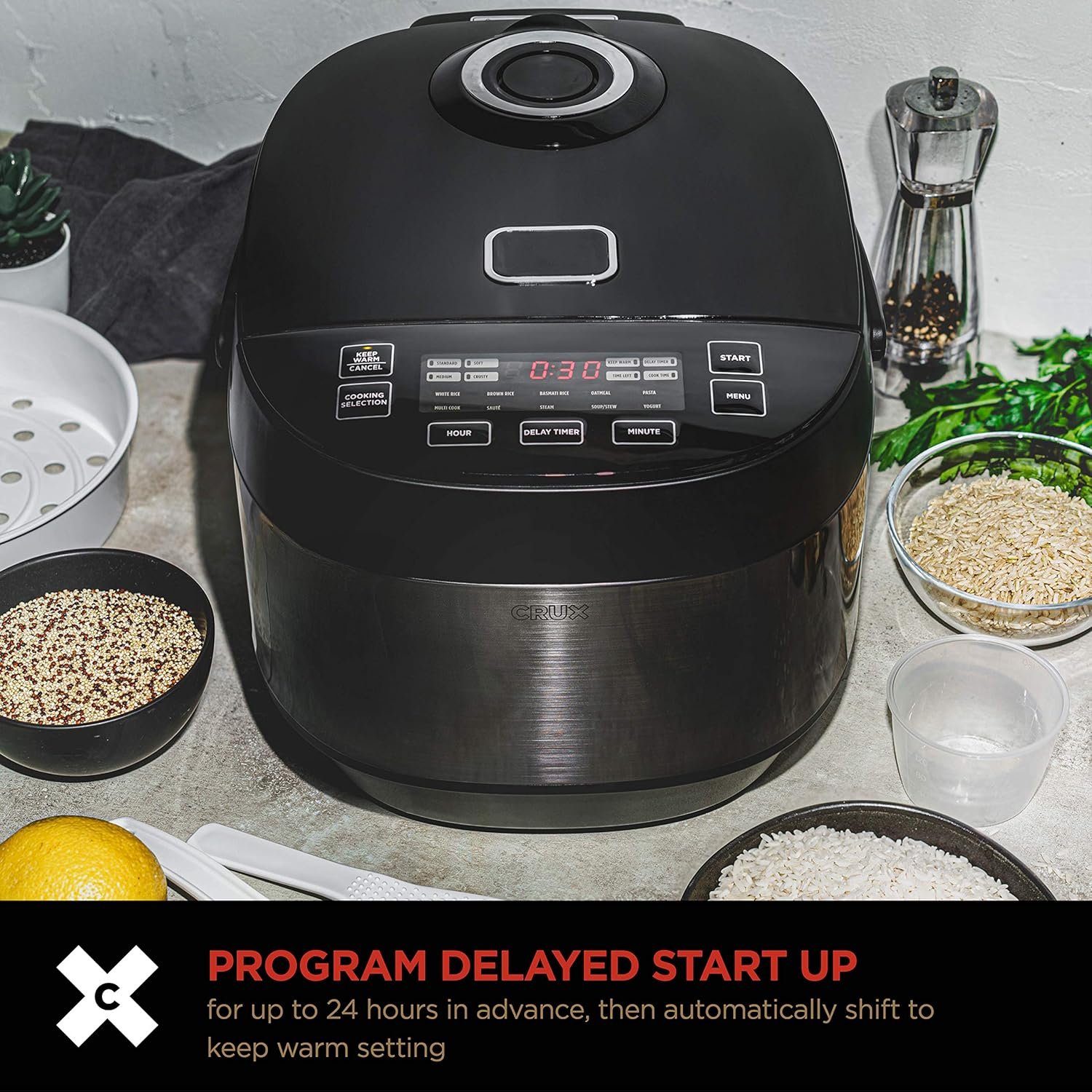 Crux 12 Cup Non-Induction Rice Cooker, Multi-Cooker, Food Steamer, Slow Cooker, Stewpot, Easy One-Pot Healthy Meals, Dishwater Safe, Non-Stick Bowl, Black, one size - Image 5